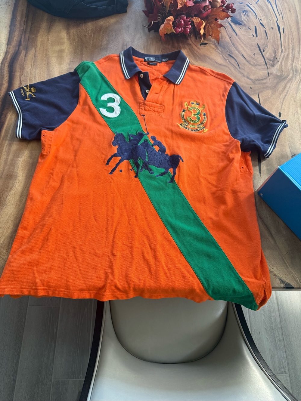 Polo by Ralph Lauren Orange Polo with Green Diagonal Sash and Navy Sleeves